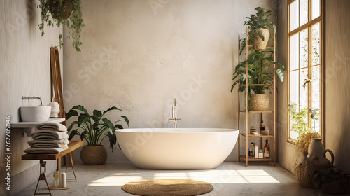 A bathroom with a white bathtub and a potted plant next to it. The bathroom is clean and well-organized, with a rug on the floor and a bench nearby