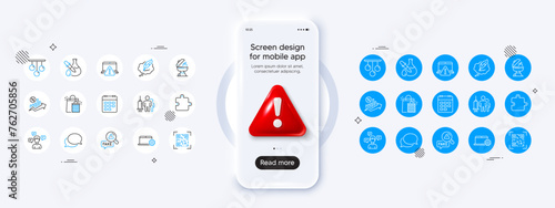 Ceiling lamp, Puzzle and Shopping bags line icons. Phone mockup with 3d danger icon. Pack of Notebook service, Qr code, Fake news icon. Copyright chat, Grill, Chemistry experiment pictogram. Vector