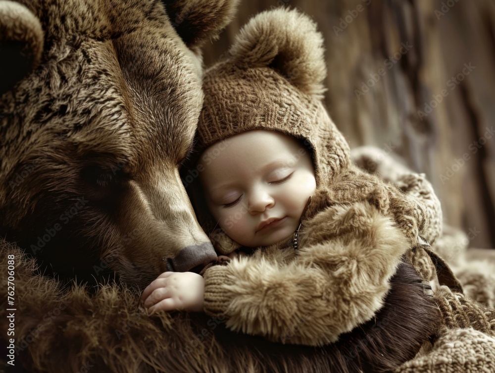 A baby sleeping on the shoulder of a large brown bear. Generative AI. A baby sleeping on the shoulder of a large brown bear. Generative AI.