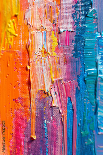 Closeup of Abstract Rough Colorful Multicolored Rainbow Colors Art Painting Texture with Oil Brushstroke Palette Knife Paint on Canvas Dripping Color