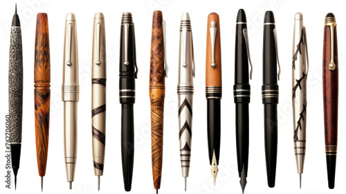 A vibrant assortment of pens arranged in a neat row, showcasing a colorful array of writing instruments