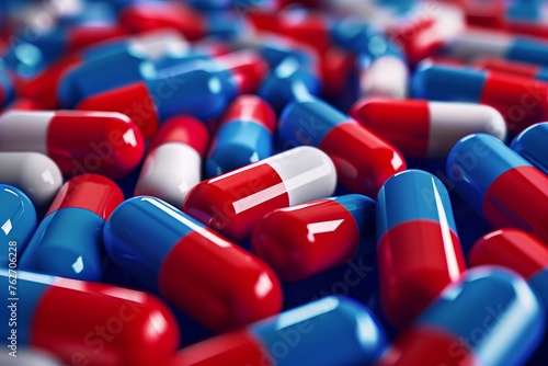 Close-up of several medicine pills in red, blue and white colors