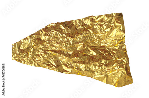 Torn empty crumbled  texture gold laef paper piece isolated on white background. photo