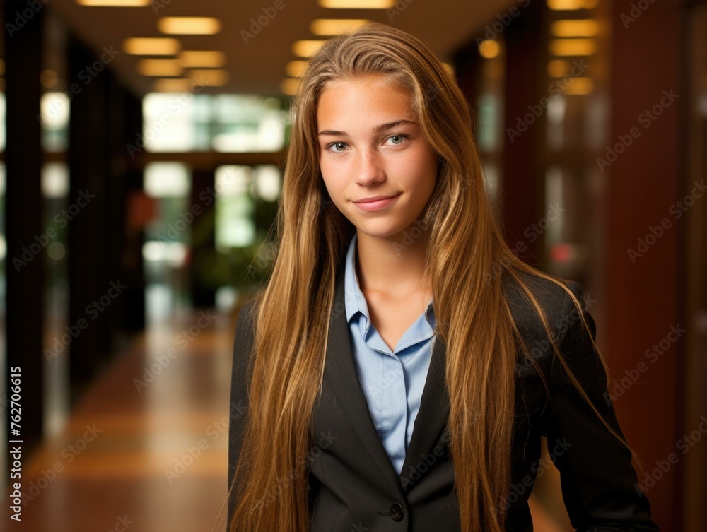 Fototapeta premium A young woman in a business suit posing for the camera. Generative AI.