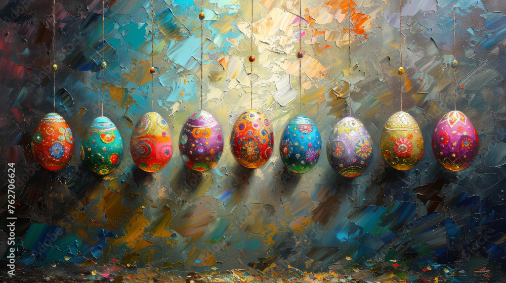  A collection of artfully decorated eggs perched atop a table beside a vividly colored egg artwork