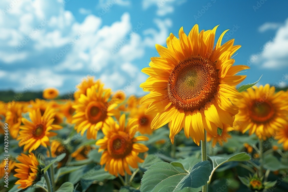 Showcase the whimsical beauty of a sunflower field in full bloom, where the golden petals contrast against the bright blue sky, creating a scene straight out of a summer dream. Showcase the whimsical beauty of a sunflower field in full bloom, where the golden petals contrast against the bright blue sky, creating a scene straight out of a summer dream.