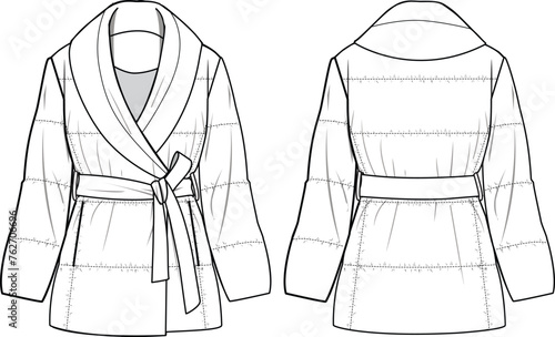 Women`s Shawl Collar Padded Coat. Technical fashion illustration. Front and back, white color. Women`s CAD mock-up.