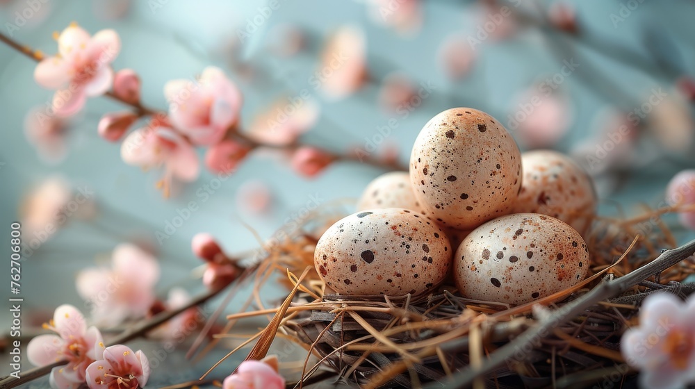 A bunch of eggs perched on a branch with blossoming pink flowers above a nest A bunch of eggs perched on a branch with blossoming pink flowers above a nest