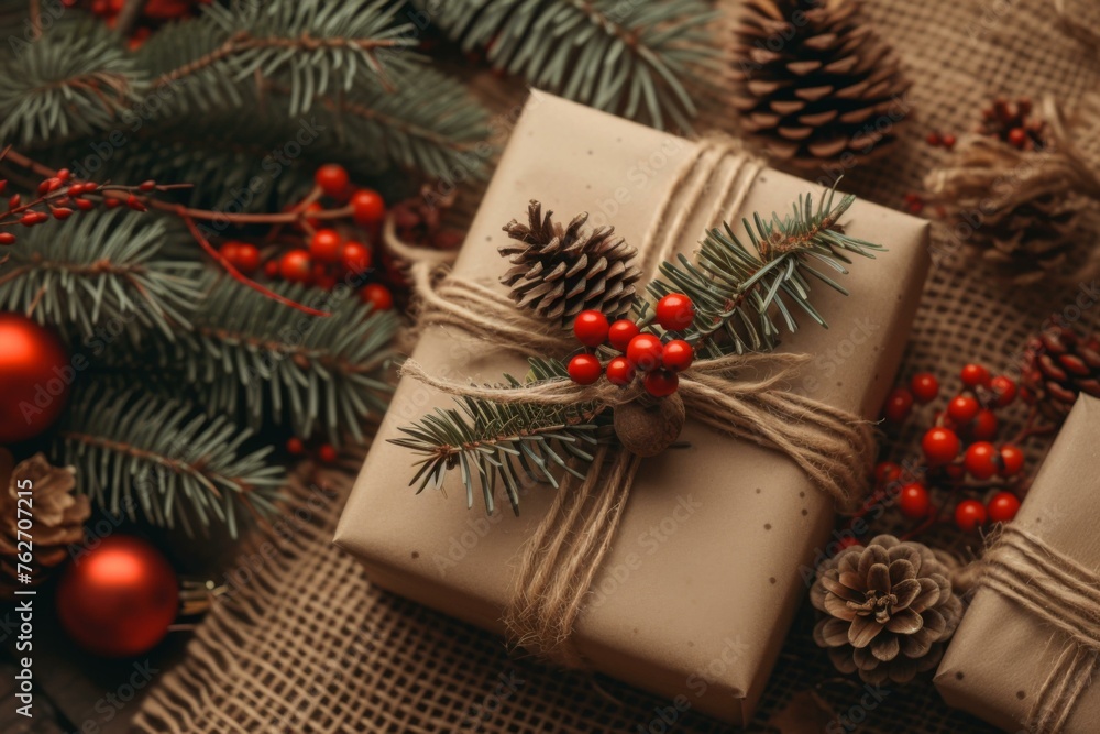 Christmas gifts wrapped in burlap and pine cones. Generative AI. Christmas gifts wrapped in burlap and pine cones. Generative AI.
