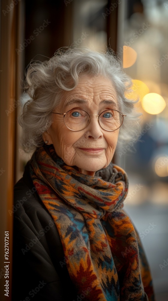 An older woman with glasses and a scarf. Generative AI. An older woman with glasses and a scarf. Generative AI.