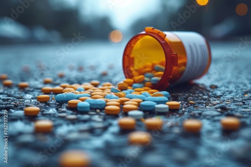 A bottle of pills on the ground with a blurry background. Generative AI.