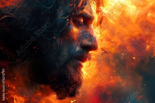 Portrait of Jesus Christ with a crown of thornsin the holy fire background. Catholic faith, suffering and sacrifice concept.
