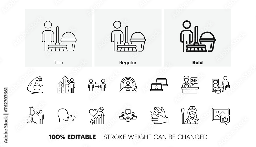 Wash hands, Outsource work and Nurse line icons. Pack of Teamwork business, Employee results, Bitcoin project icon. Cleaning, Like photo, Breathing exercise pictogram. Teamwork. Line icons. Vector