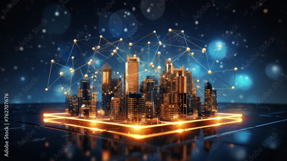 Obraz premium Abstract modern city model with wireless network and connection technology concept