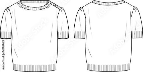 Women's Short Balloon Sleeve Crop Jumper- Technical fashion illustration. Front and back, white color. Women's CAD mock-up.