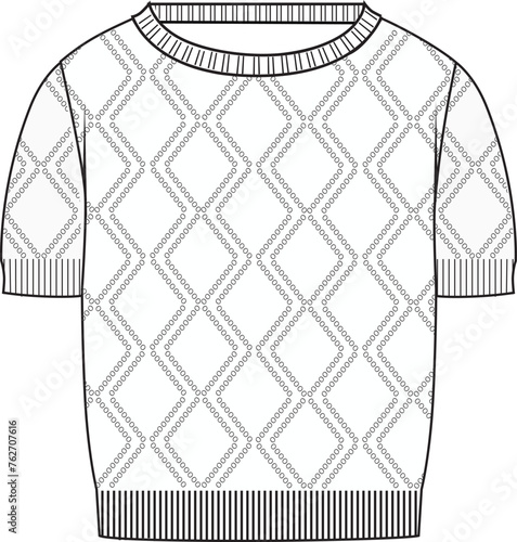 Women's Short Sleeve Pointelle Crop Jumper- Technical fashion illustration. Front, white color. Women's CAD mock-up.