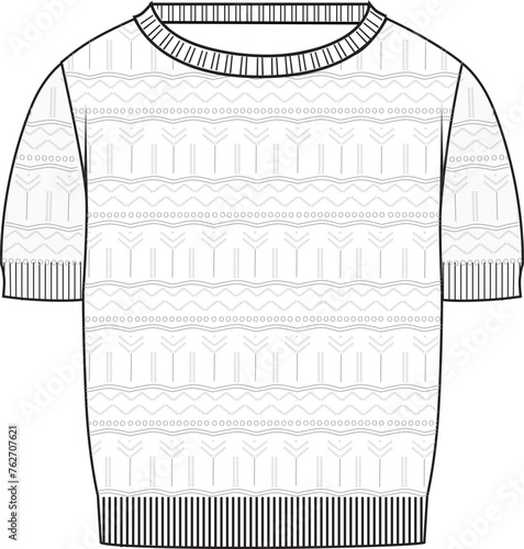 Women's Short Sleeve Pointelle Crop Jumper- Technical fashion illustration. Front, white color. Women's CAD mock-up.