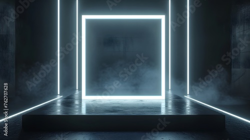 White neon square frame light podium. Display product mockup. Advertising, presentation of a new product.