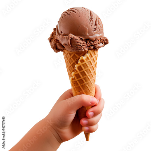 Ice cream in a child's hand, isolated on a white or transparent background. Close-up, chocolate ice cream in a waffle cup, side view. Graphic element, sweets for children.
