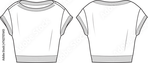 Women's Short Sleeve Crop Jumper- Technical fashion illustration. Front and back, white color. Women's CAD mock-up.