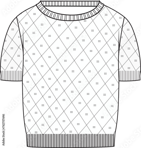 Women's Short Sleeve Pointelle Crop Jumper- Technical fashion illustration. Front, white color. Women's CAD mock-up.