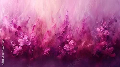  A picture featuring pink and purple blossoms against a dual purple-pink backdrop and a central white band photo