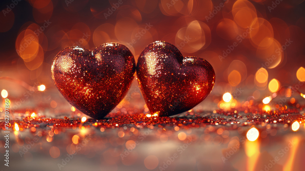 A pair of red hearts positioned atop a glittery backdrop featuring illuminated lights in the background A pair of red hearts positioned atop a glittery backdrop featuring illuminated lights in the background