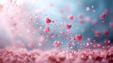  A blue and pink backdrop, with hearts in blurry skies, floating in mid-air Pink is dominant