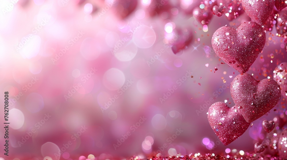  A cluster of pink heart ornaments dangles from a pink and pink backdrop, against a blurry light gradient