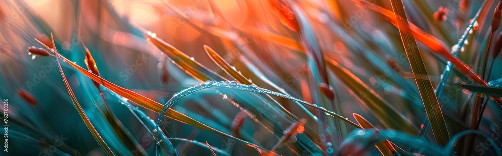 Green and red grass in the morning macro. Green and red grass in the morning macro.