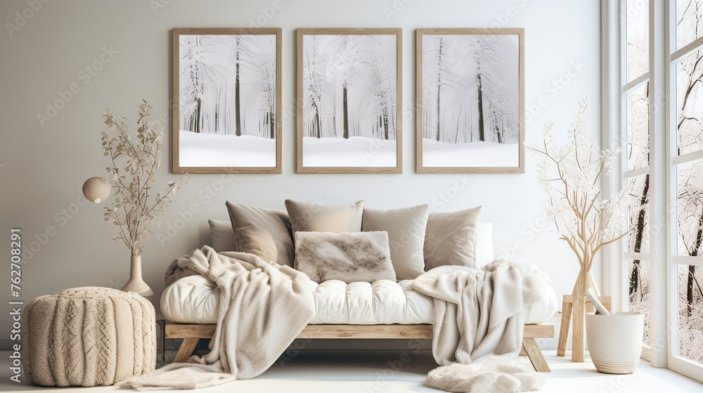 Fototapeta premium A living room with three framed pictures on the wall, one of which is titled 