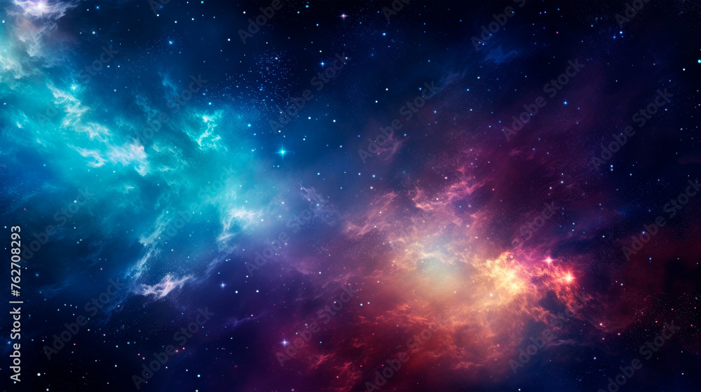 The image features a vibrant and dynamic space scene with a multitude of stars scattered across a cloudy backdrop. The clouds appear to be swirling and shifting, adding. Banner. Copy space