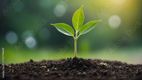 This image showcases the beginning of life with a young green plant emerging from rich fertile soil, symbolizing growth and new beginnings
