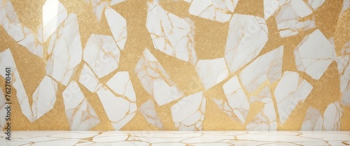 A contemporary designed wall with golden streaks on a white marble, reflecting opulent interior concepts