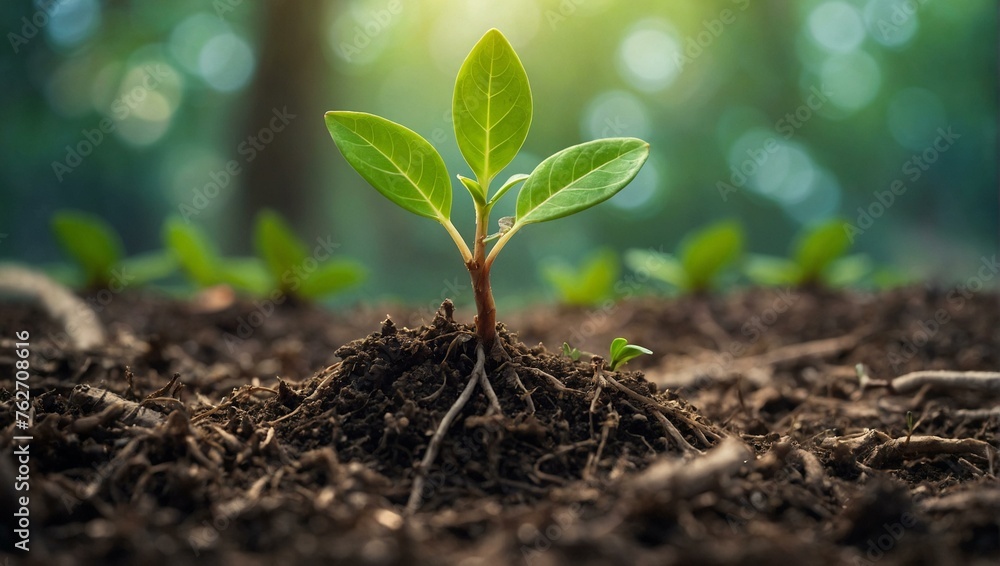 A symbol of growth and new beginnings, this young plant rises from fertile ground, bathed in the warm light of a setting sun A symbol of growth and new beginnings, this young plant rises from fertile ground, bathed in the warm light of a setting sun