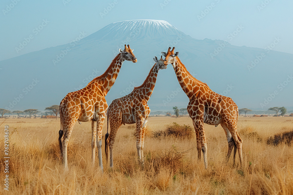 Giraffes in front of Mount Kilimanjaro at Amboseli National Park, Kenya, Africa - obrazy, fototapety, plakaty 
