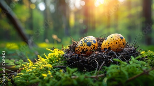  Two eggs on a nest in a forest with sunlight filtering through trees