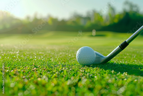 golf club and golf ball on green grass with blue sky. © Tjeerd