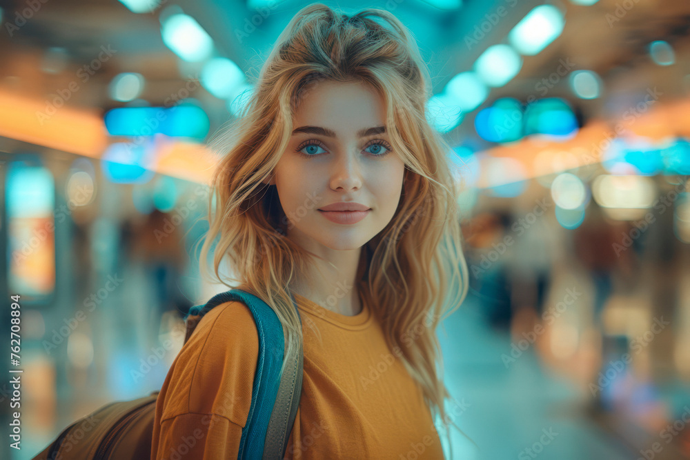 International airport terminal. Beautiful woman wearing a tide jeans with luggage and walking in airport International airport terminal. Beautiful woman wearing a tide jeans with luggage and walking in airport