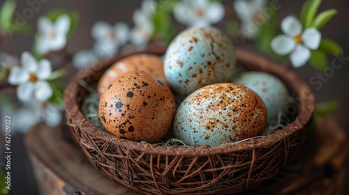  A basket full of eggs atop a wooden table near a blooming tree branch