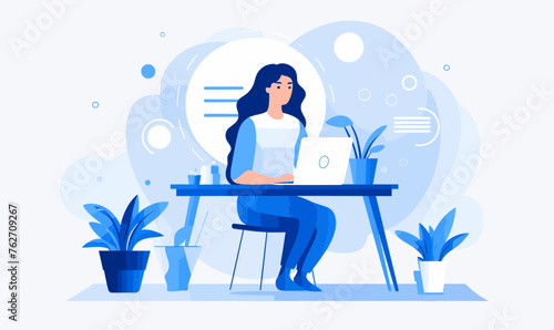 Woman freelancer sitting on a chair behind a desk and working on a laptop in the office, vector illustration in blue colors on white background