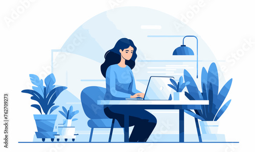 Woman freelancer sitting on a chair behind a desk and working on a laptop in the office, vector illustration in blue colors on white background