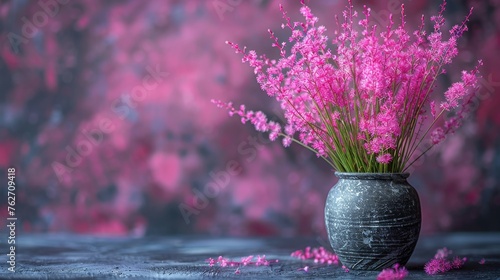  A vase of pink flowers sits on a wooden table with a pink and gray wall background photo