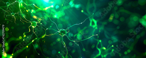 An up-close view of a textured green and black background, showcasing the vibrant shades and intricate patterns. Biological process in the body. Banner. Copy space