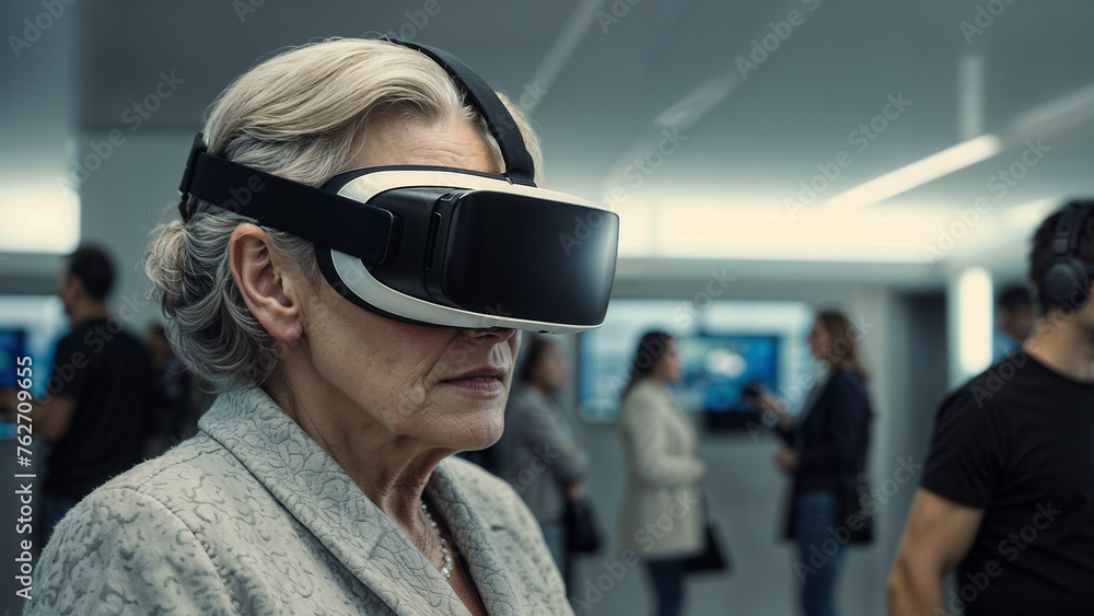 An elderly woman completely immersed in a virtual reality headset, exploring a digital world through advanced technology.
An elderly woman completely immersed in a virtual reality headset, exploring a digital world through advanced technology.