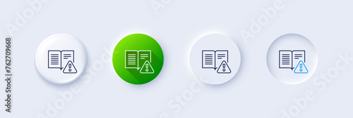 Instruction manual line icon. Neumorphic, Green gradient, 3d pin buttons. Warning book sign. Caution alert symbol. Line icons. Neumorphic buttons with outline signs. Vector