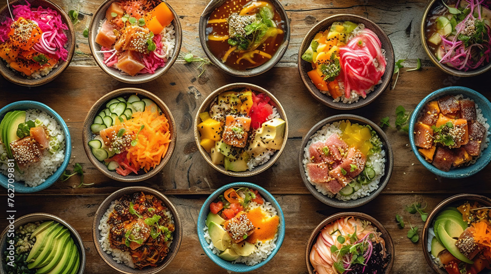few bowls of poke in colorful bowls