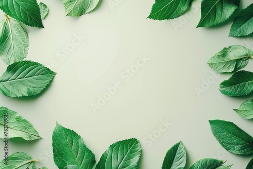 Creative layout made of green leaves on light green background. Flat lay, top view, copy space