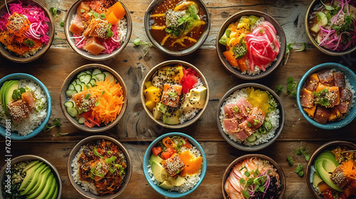 few bowls of poke in colorful bowls