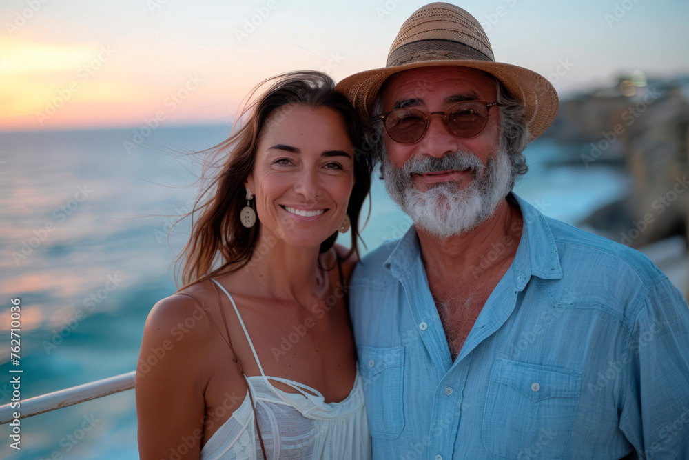 Affectionate senior woman smiling happily while embracing her husband by the ocean. Romantic elderly couple enjoying spending some quality time together after retirement.